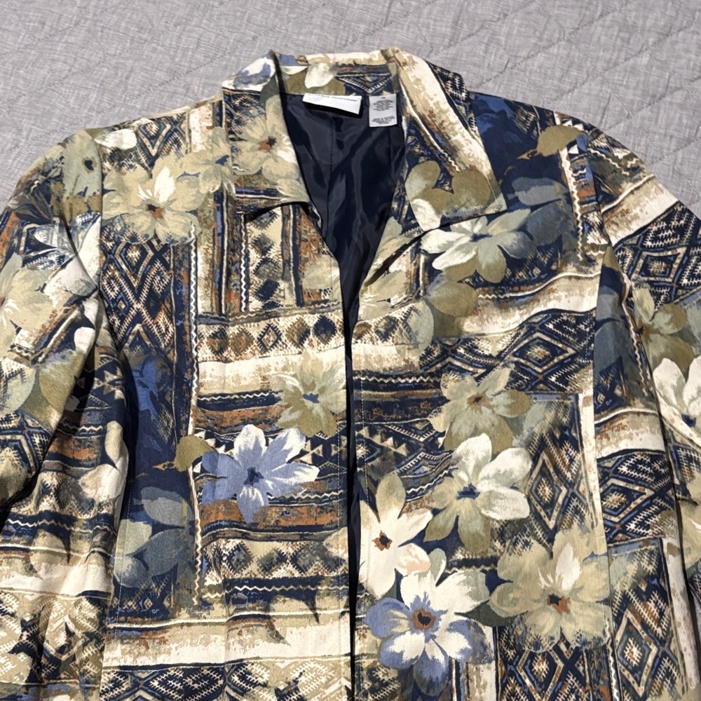 Alfred Dunner Floral Patchwork Jacket - Blue and Cream